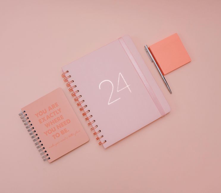 Aesthetic flat lay of a pink planner and notebook on a pastel background with motivational text.